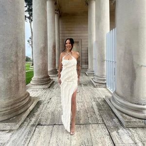 Oh Polly Calico Cross Strap halter Ruffle floor length dress with slit in Ivory